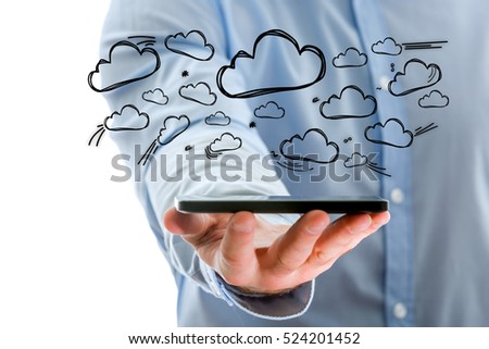 Concept view of cloud stockage with icon around a smartphone