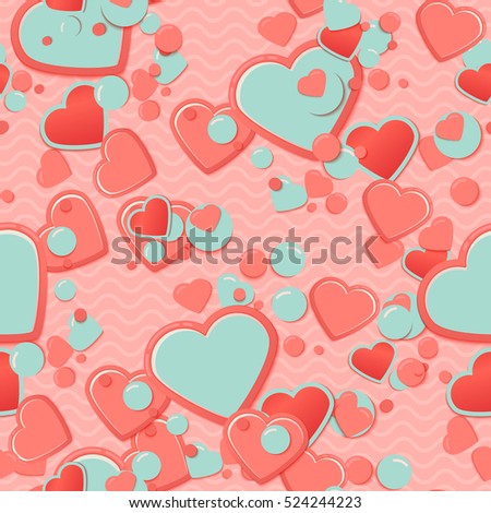 Pink Scrapbook paper, hearts with circles and waves. Valentines Day Greeting Card or postcard, scrap background.Romantic scrapbooking. Lovely cute design template for Mothers Day or scrap booking.