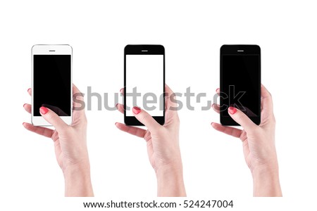 Hand holding and Touching a Smartphone isolated on white background. White clipping path inside
