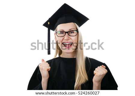 happy university graduate wearing gown and cap isolated on white