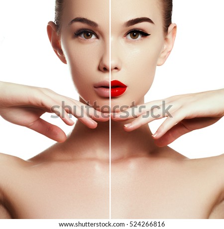 Beauty concept. Beautiful young girl before and after makeup applying. Comparison portrait. Two parts of model face with and without makeup. Two parts of face, with bright make up and natural look Royalty-Free Stock Photo #524266816