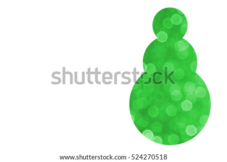 Snowman silhouette filled with sparkling green bokeh. Pure white background for plenty room for text or copy space. A festive design great for many ideas or concepts. Flat layout horizontal