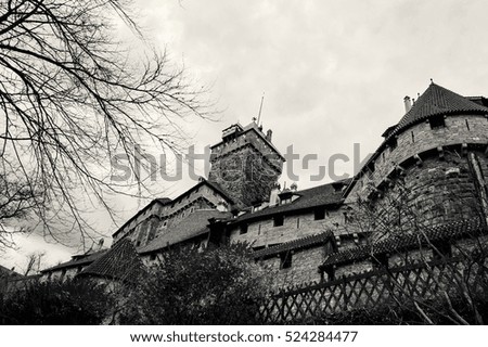Haut-Koenigsbourg castle (Alsace, France). Black and white.