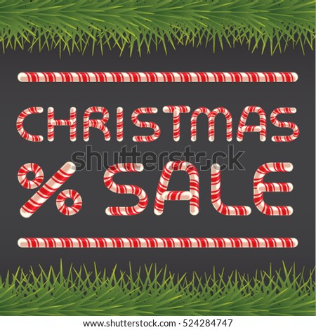 Christmas sale. Candy cane letters on dark winter background with fir tree. Vector illustration.