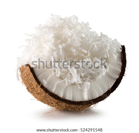 coconut with coconut flakes isolated on the white background Royalty-Free Stock Photo #524291548