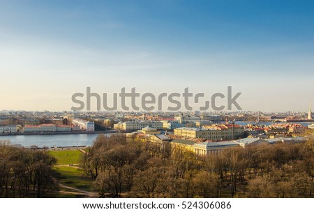 Old European city from the top, cozy postcard with Saint-Petersburg view from above