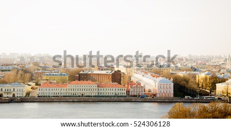 Old European city from the top, cozy postcard with Saint-Petersburg view from above 