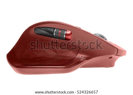 Wireless computer mouse. Red color. Isolated on white background, side view