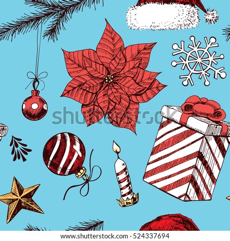 Christmas seamless pattern with hand drawn poinsettia, bells, gift, and Christmas decorations.