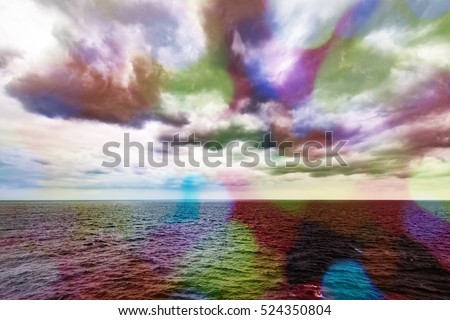 Atlantic Ocean with dramatic colorful sky and clouds. Cruising along Islands, view from cruise ship, image with rainbow filter effect for tourism business concept, travel blogs, creative photo website
