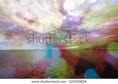 Atlantic Ocean with dramatic colorful sky and clouds. Cruising along Islands, view from cruise ship, image with rainbow filter effect for tourism business concept, travel blogs, creative photo website