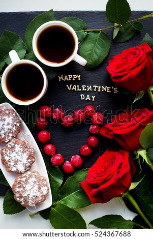 Happy Valentine inscription, cherry, muffins, coffee and red roses