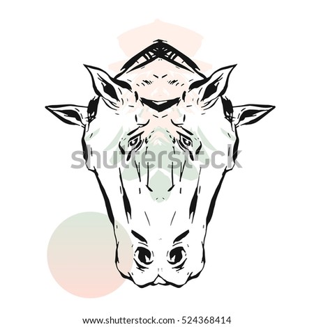 Hand drawn vector lined abstract ink graphic horses mirror heads print isolated on white background.Minimalistic style.Creative artwork.Fashion print.Minimalistic style.T-shirt design,sign,decoration.