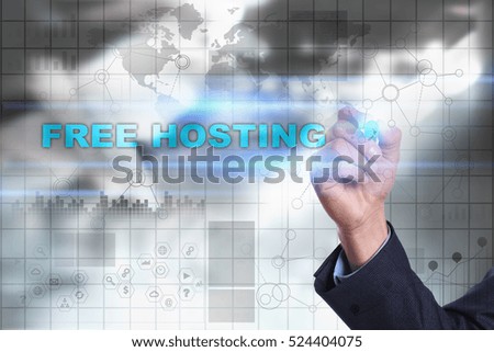 Businessman is drawing on virtual screen. free hosting concept.