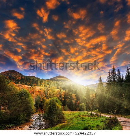   wonderful sunrise over the autumn mountains. majestic landscape. picturesque dramatic scene. artistic creative picture. a colorful forest. fairytale view in the autumn.
