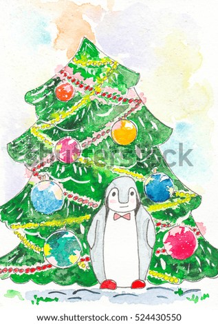Illustration. Postcard Penguin near a Christmas tree. Drawn watercolor.