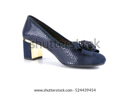 Female shoe in blue leather on white background.top view