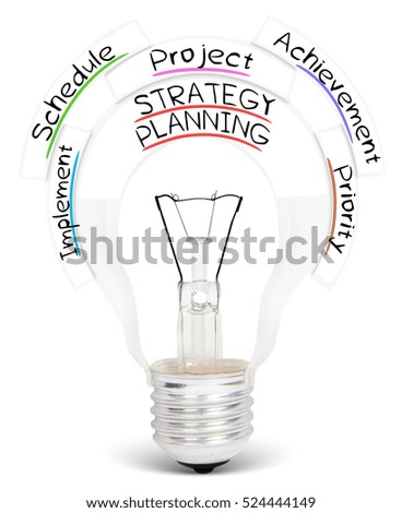 Photo of light bulb with STRATEGY PLANNING conceptual words isolated on white