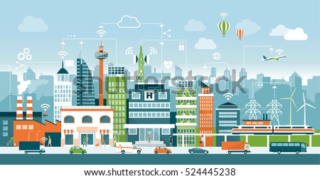 Smart city with contemporary buildings, people and traffic; networks, connection and internet of things icons on top Royalty-Free Stock Photo #524445238