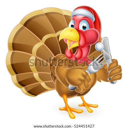 A cartoon turkey holding a knife and fork wearing a Santa Christmas hat 