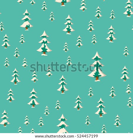 Seamless Christmas pattern with flat colored snowy firs