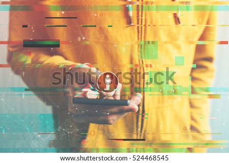 Generation C, connected consumer using smartphone electronics and internet technology to create a network of his virtual friends in online community, digital glitch effect added in post production Royalty-Free Stock Photo #524468545