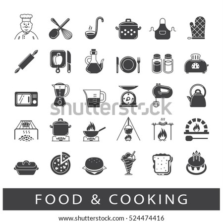 Set of premium quality food and cooking icons. Cooking and preparing meals. Various kitchen items. 