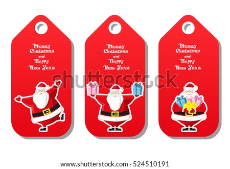 Set of  holiday pattern for label Merry Christmas and Happy New Year type with figurines funny Santa Claus different poses isolated on white background. Cartoon style. Vector illustration