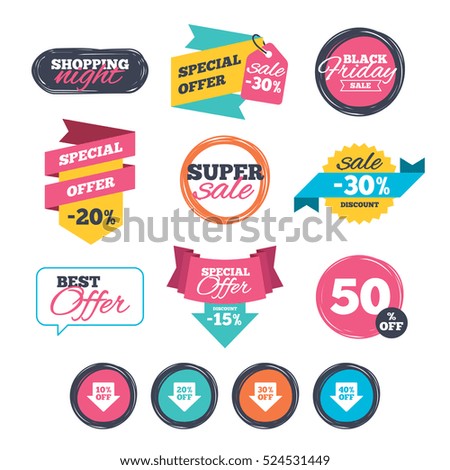 Sale stickers, online shopping. Sale arrow tag icons. Discount special offer symbols. 10%, 20%, 30% and 40% percent off signs. Website badges. Black friday. Vector