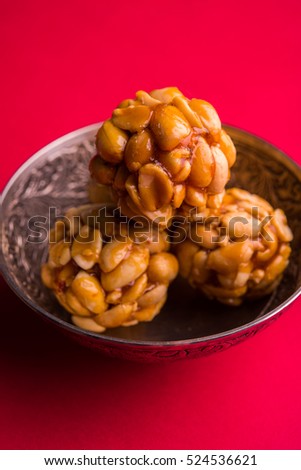 indian sweet groundnut ladoo or mungfali or peanut ladu made using roasted peanuts and jaggery 