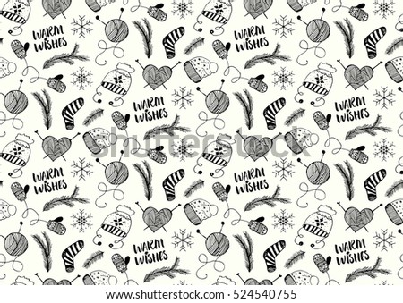 Vector seamless pattern with hand drawn winter socks, knitting, mittens, pine branches, hats, snowflakes., ink modern calligraphy. Black and white colors.