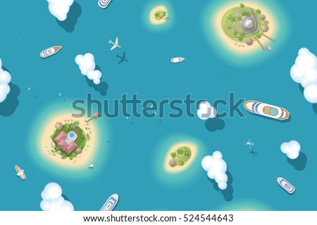 Seamless pattern. Summer vacation. The islands and ships. (top view) 
Vector illustration. Time to travel - sun, sea, island, sand, yacht, airplane, palm, clouds.. (view from above)  Royalty-Free Stock Photo #524544643