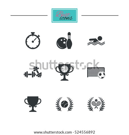Sport games, fitness icons. Football, tennis and volleyball signs. Swimming, timer and bowling symbols. Black flat icons. Classic design. Vector