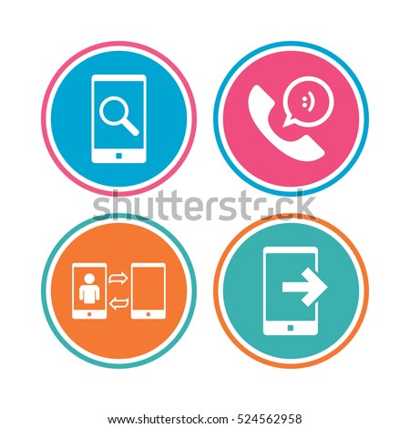 Phone icons. Smartphone with speech bubble sign. Call center support symbol. Synchronization symbol. Colored circle buttons. Vector