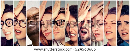 Multiethnic group of desperate regretful people men women slapping hand on head having duh moment. Human face expressions  Royalty-Free Stock Photo #524568685