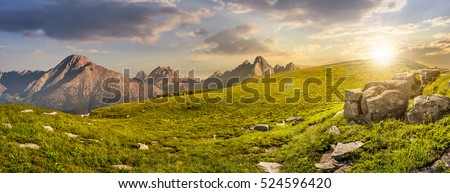 High Tatra mountain summer landscape. meadow with huge stones among the grass on top of the hillside near the peak of mountain range at sunset Royalty-Free Stock Photo #524596420