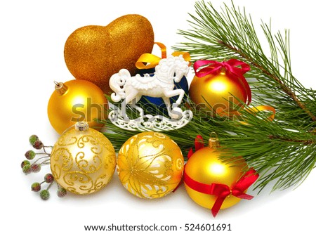 Beautiful creative christmas card with balls, pine, heart and horse isolated on white background. Flat lay, top view.