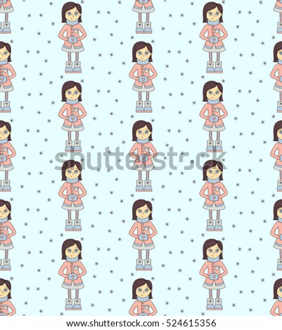 Cute winter girl christmas new year character seamless vector pattern