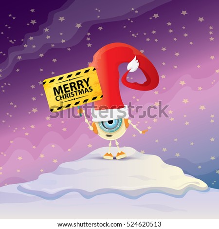 Cartoon Cute elf Robot with merry christmas santa claus red hat. funky kids merry christmas card design template or background