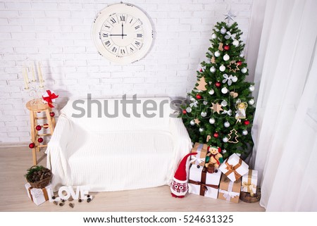 Vintage Christmas background - christmas tree, gift boxes and decorations in living room