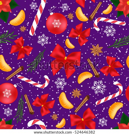 Christmas seamless background, decorated with bows, candy, snowflakes, spices, Christmas balls, fir branches and slices of mandarin.