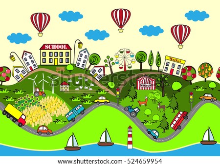 Cute seamless pattern with houses, sea, roads, forest, wing turbines, gardens, cars, and attraction. Design for mats, books games and other kids development