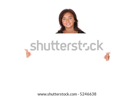 Smiling asian woman holding a blank blackboard