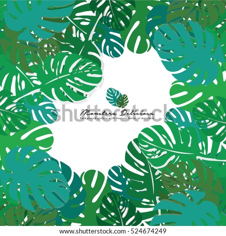 Beautiful, Green, Waxy Leaves with Room for Text (Monstera Deliciosa). Can be used for wallpaper, pattern fills, textile, web page background, surface textures. Vector illustration.