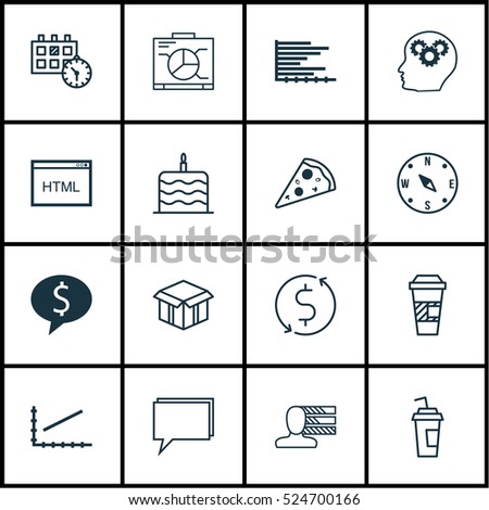 Set Of 16 Universal Editable Icons. Can Be Used For Web, Mobile And App Design. Includes Elements Such As Bars Chart, Open Cardboard, Sliced Pizza And More.