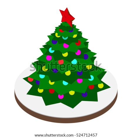 Christmas tree vector illustration in isometric style. Christmas tree isolated against the white background. New Year three with colored decoration and red star on the top
