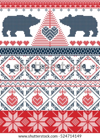 Scandinavian style  Christmas  seamless pattern in cross stitch with polar bear, Christmas tree, heart, robin bird , bauble, decorative ornaments in red and blue 