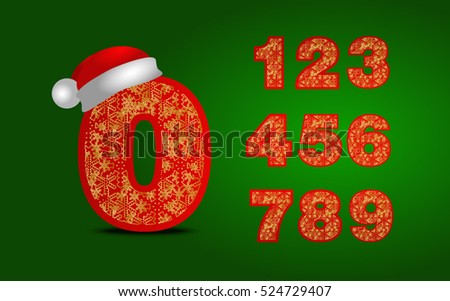 Lettering numeral 0-9. christmas numbers in santa hat and snowflakes. New year font