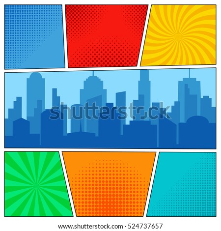 Comic book page template with radial backgrounds, halftone effects and city silhouette in pop-art style. Vector illustration