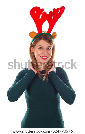 Picture of a happy young woman with reindeer slide on an isolated background